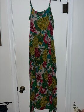 Floral Spaghetti-Strap Maxi Dress in Green, Yellow & Red